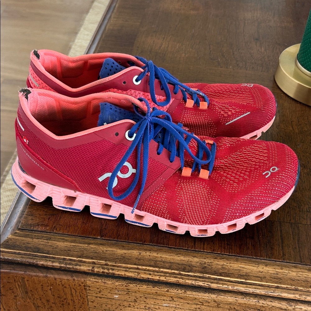 On Running Women's Red-Pink Cloud Running Shoes with Blue Laces